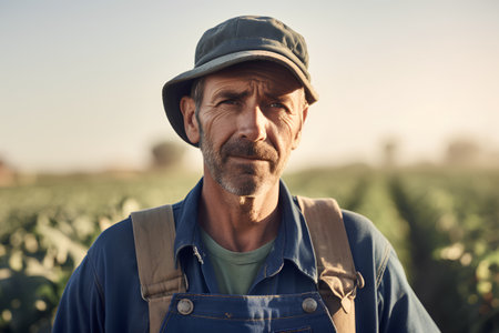 Portrait of senior farmer standing in his cornfield, looking at camera.の素材