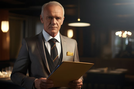Portrait of confident senior businessman holding a clipboard and looking at cameraの素材