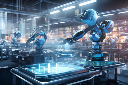 Industrial robot working in factory, 3d rendering toned image double exposureの素材