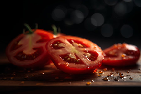 Sliced tomatoes on a wooden board. Selective focus.の素材