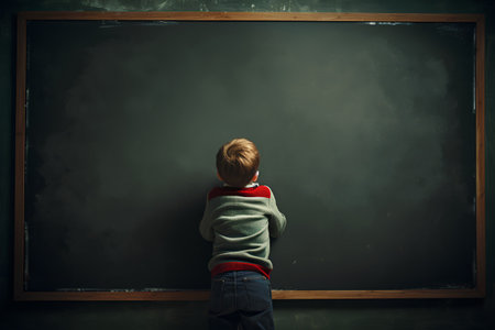 Back view of a schoolboy standing in front of a blackboard.の素材