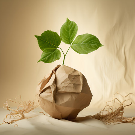 Conceptual image with a plant growing out of a paper bagの素材