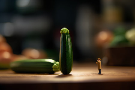 Miniature people with zucchini on wooden table in the kitchenの素材
