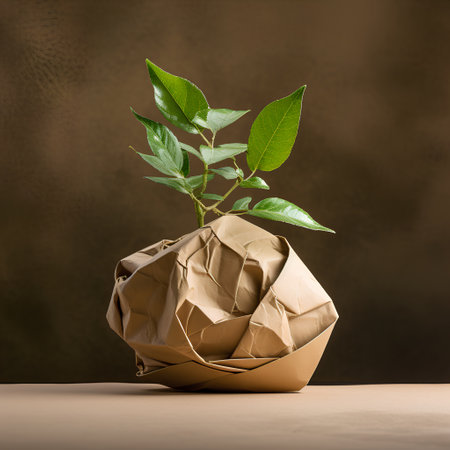 Crumpled paper ball with a green plant on a brown backgroundの素材