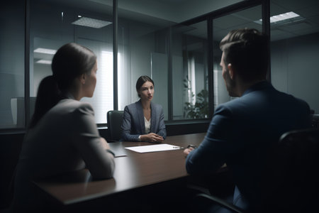 Young businesswoman talking to her colleague during a meeting in the officeの素材