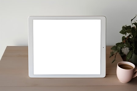 Digital tablet with white screen and coffee cup on wooden table in officeの素材