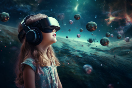 Little girl wearing virtual reality goggles. Future technology concept. 3D Renderingの素材