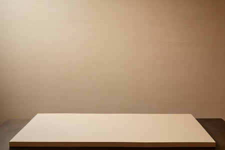 3D render of a beige background with a brown wooden base.の素材