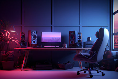 Interior of modern home office with blue walls, concrete floor, computer desk, chair and plants. 3d renderの素材