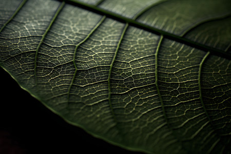 close up of a green leaf with veins and patterns in a dark backgroundの素材