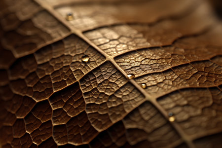 Macro shot of a dry leaf with water droplets on itの素材