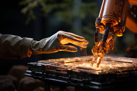 Industrial robot arm with human hand. Smart industry 4.0 conceptの素材