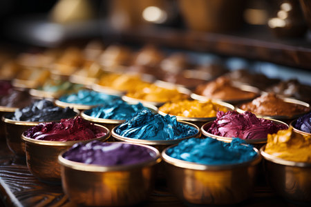 Colorful paints in golden bowls on dark background. Selective focus.の素材