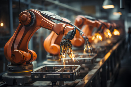 Industrial robot arm working on assembly line in factory. Smart industry 4.0 concept.の素材
