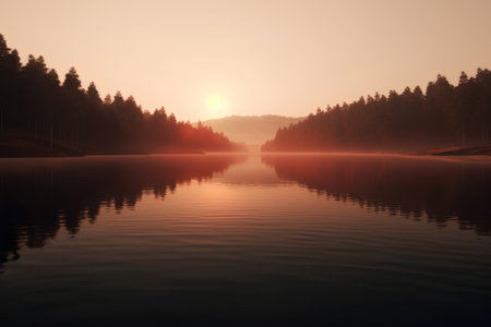 Beautiful lake in the forest at sunrise. 3D rendering.の素材
