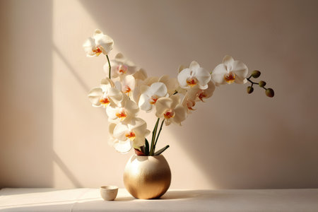 White orchids in vase on a light background. Still life.の素材