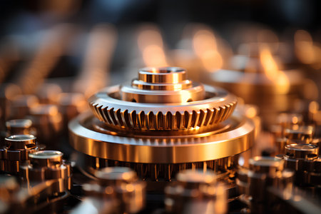 Gear metal wheels, closeup. 3d rendering toned imageの素材
