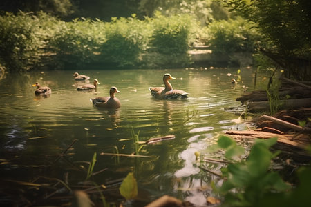 Ducks swimming in a pond in a park in the morning.の素材