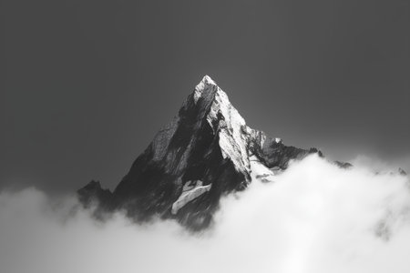 Black and white image of a mountain peak in the clouds. 3d renderingの素材
