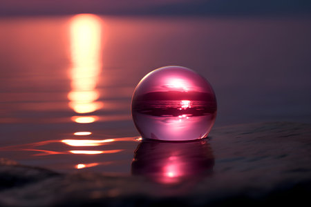 A crystal ball reflected in the water with a sunset in the backgroundの素材