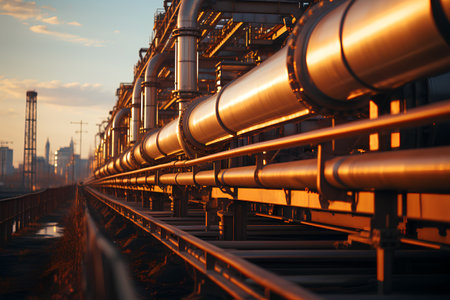 Industrial zone. Steel pipelines and valves. 3d rendering.の素材