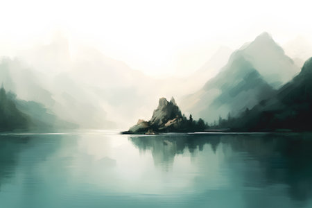 Landscape with mountains and lake. Digital watercolor painting on canvas.の素材