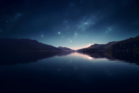 Beautiful night landscape with starry sky and milky way over lakeの素材