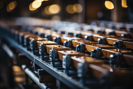 Close up of wooden chairs in a row in a church, selective focusの素材