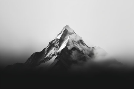 Mountain peak in the clouds. Black and white image of a mountain peak.の素材