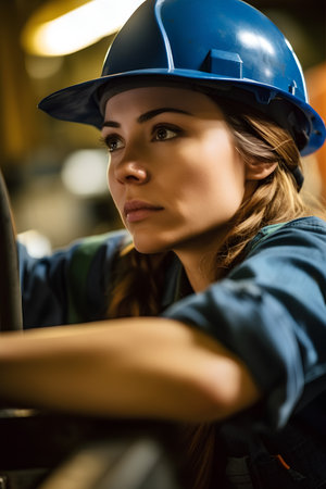 Portrait of a female worker in a hardhat looking at the cameraの素材