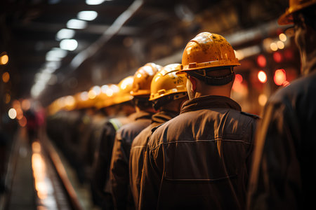 Group of industrial workers standing in a factory. Selective focus.の素材