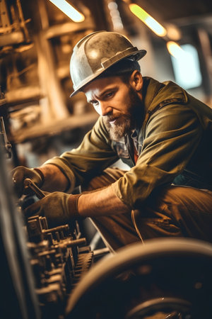 Portrait of a senior manual worker working on a machine in a factoryの素材