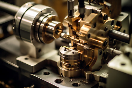 The CNC lathe machine cutting the metal shaft. The hi-precision machining process.の素材