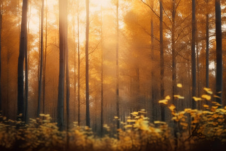 Autumn forest. Autumn forest with sun rays. Nature background.の素材