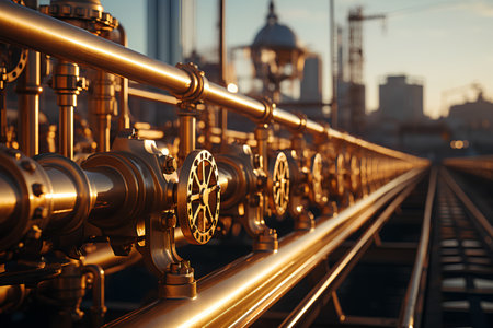 Oil refinery. Equipment for primary oil refining. Industrial pipelines and valves.の素材