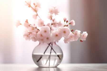 Bouquet of beautiful sakura flowers in vase on tableの素材