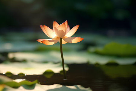 Lotus flower blooming in summer pond with green leaves on background.の素材
