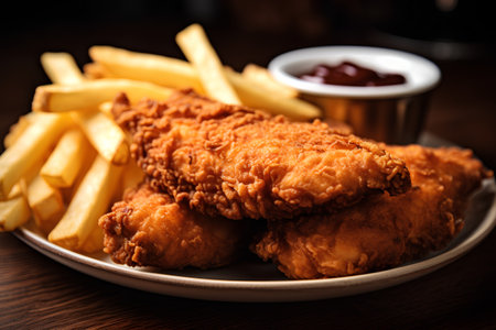 Crispy fried chicken nuggets with french fries and ketchupの素材