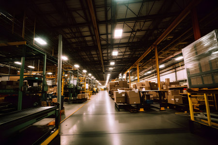 Interior of a large warehouse with shelves and racks full of goodsの素材