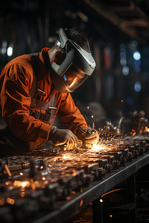 Industrial worker with protective clothing is welding metal in a factory.の素材