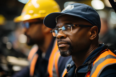 Portrait of African-american worker in safety helmet and reflective vest looking away while standing in factoryの素材