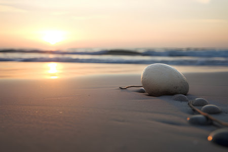 Sunset on the beach with stones in the foreground, shallow depth of fieldの素材