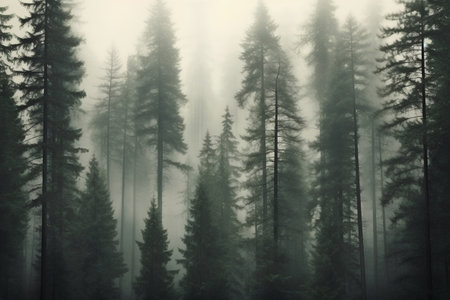 Misty forest with pine trees and fog in the background, retro styleの素材