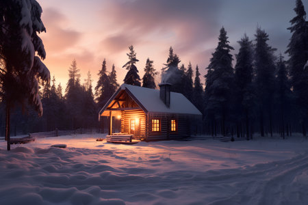 Wooden house in the winter forest at sunset. 3d renderの素材