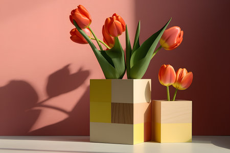 Tulips in a vase on a background of the wall. 3d renderingの素材