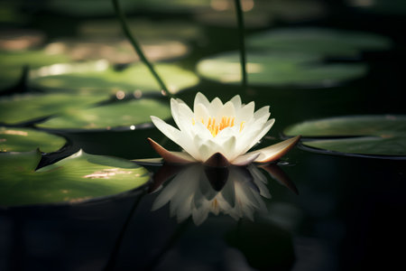 White water lily on the dark water surface. Selective focus.の素材