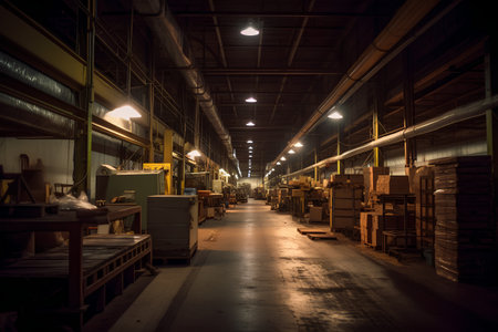 Warehouse interior with shelves and racks. Industrial background. Selective focusの素材