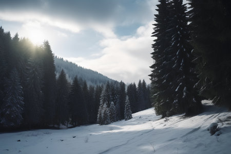 Beautiful winter landscape with snow covered fir trees in the Carpathian mountainsの素材