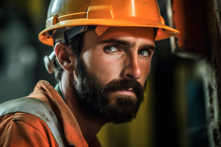 Portrait of a bearded male worker in a hard hat. Industrial background.の素材
