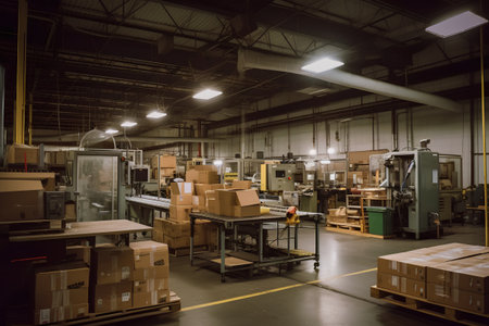 Conveyor belt with cardboard boxes in warehouse, toned imageの素材